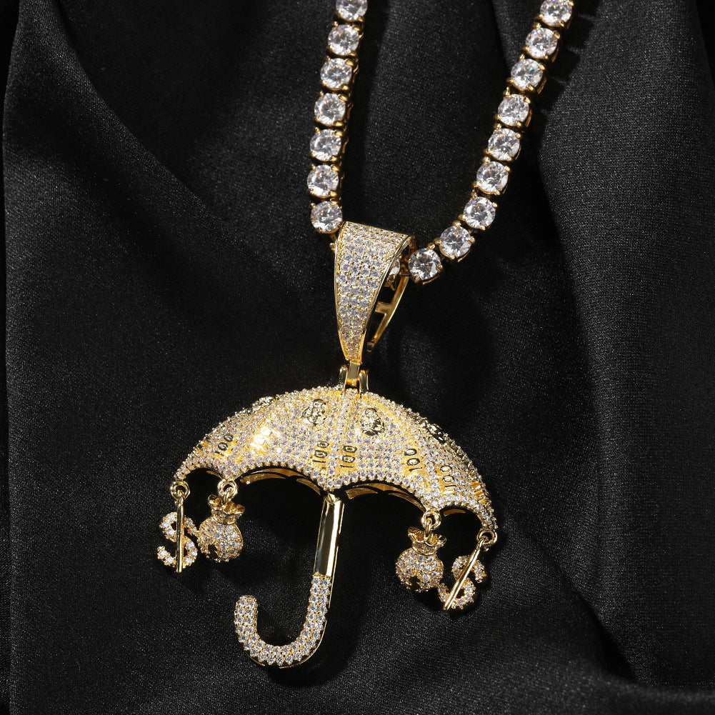 Iced Umbrella Pendant Necklace for Women – Cubic Zirconia Hip Hop Statement Chain in Gold or Silver Tone, 24 Inch Twisted Rope Chain