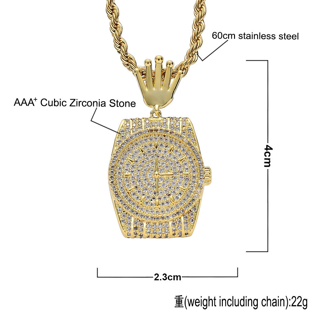 Hip Hop Crown Cubic Zirconia Pendant Necklace for Men and Women