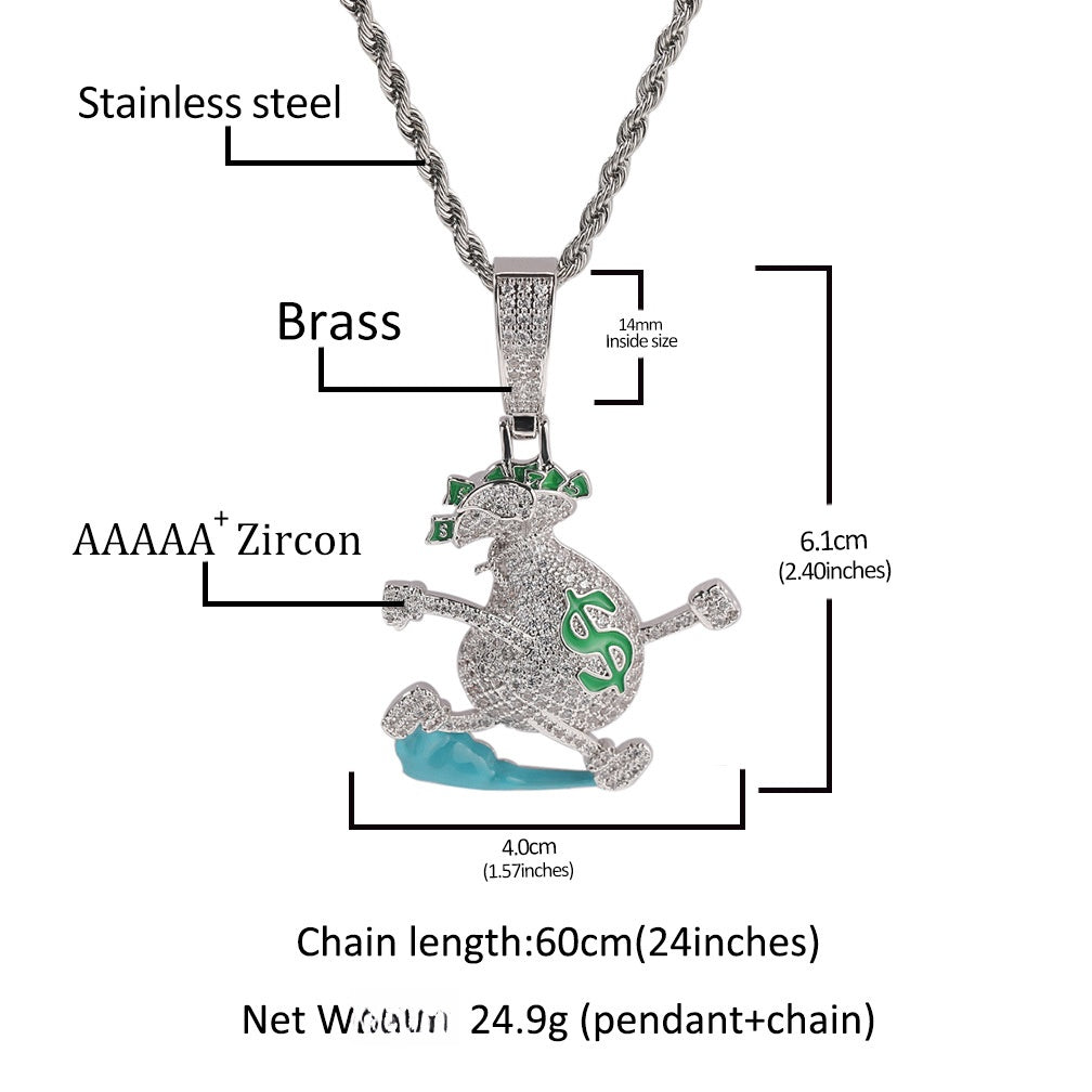 Men’s Cartoon Money Bag Pendant Necklace with Cubic Zirconia Twisted Chain - Gold Plated or Silver Plated Hip Hop Statement Jewelry