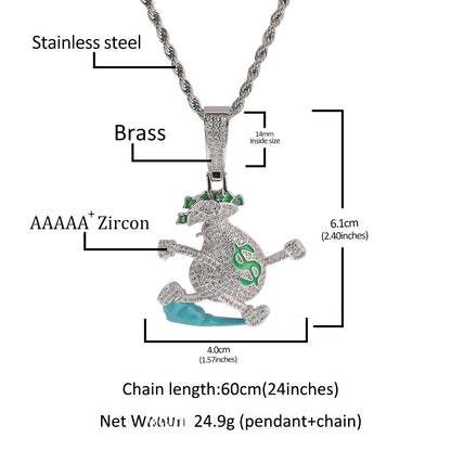 Men’s Cartoon Money Bag Pendant Necklace with Cubic Zirconia Twisted Chain - Gold Plated or Silver Plated Hip Hop Statement Jewelry