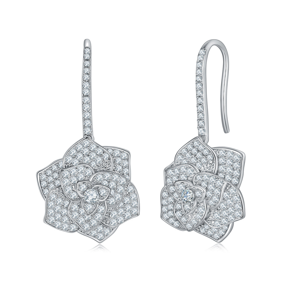 Floral Crystal Drop Earrings, Sparkling Camellia Flower Dangle Earrings for Women product image