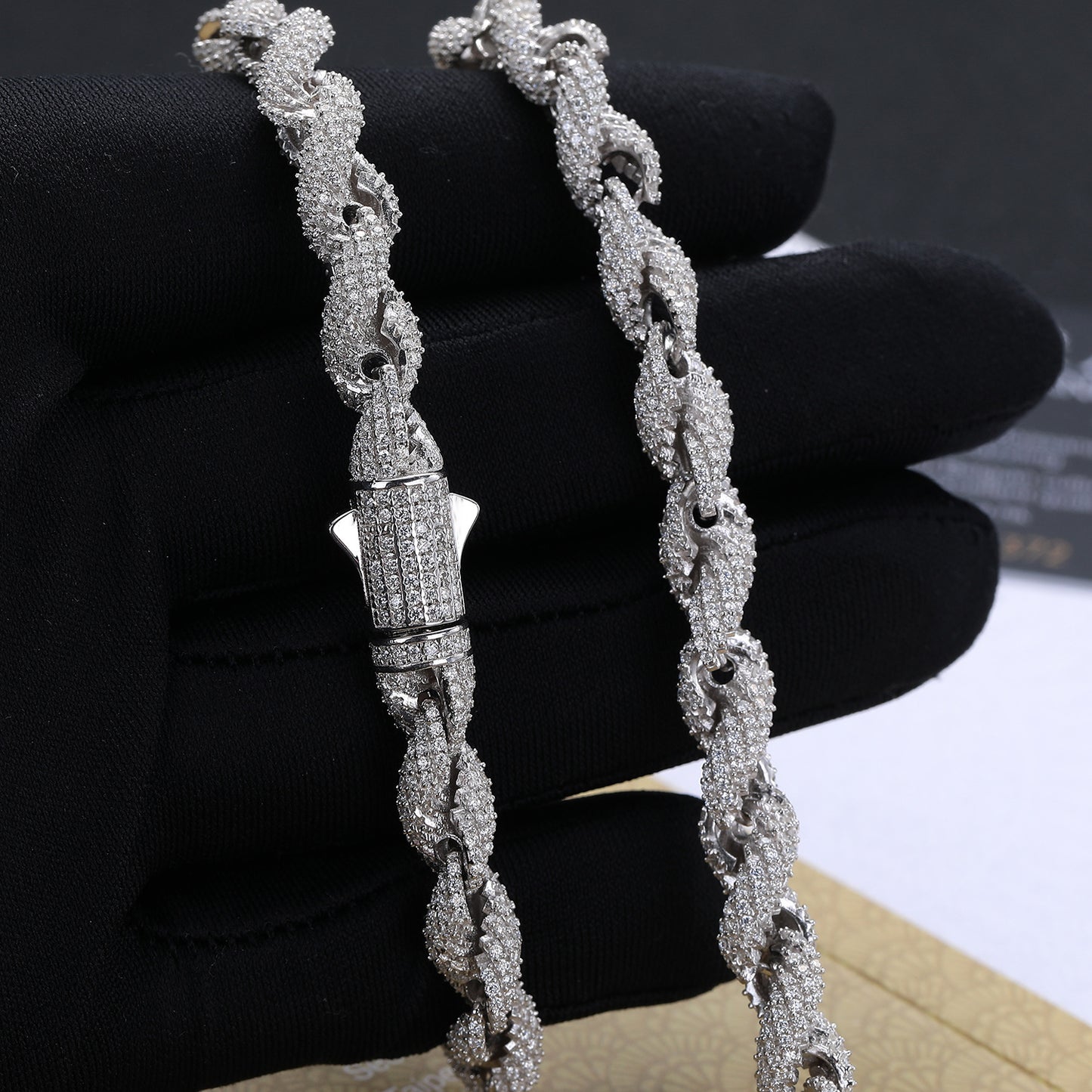 Unisex 925 Silver Moissanite Twisted Rope Chain Necklace & Bracelet