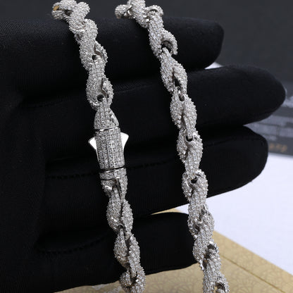 Unisex 925 Silver Moissanite Twisted Rope Chain Necklace & Bracelet