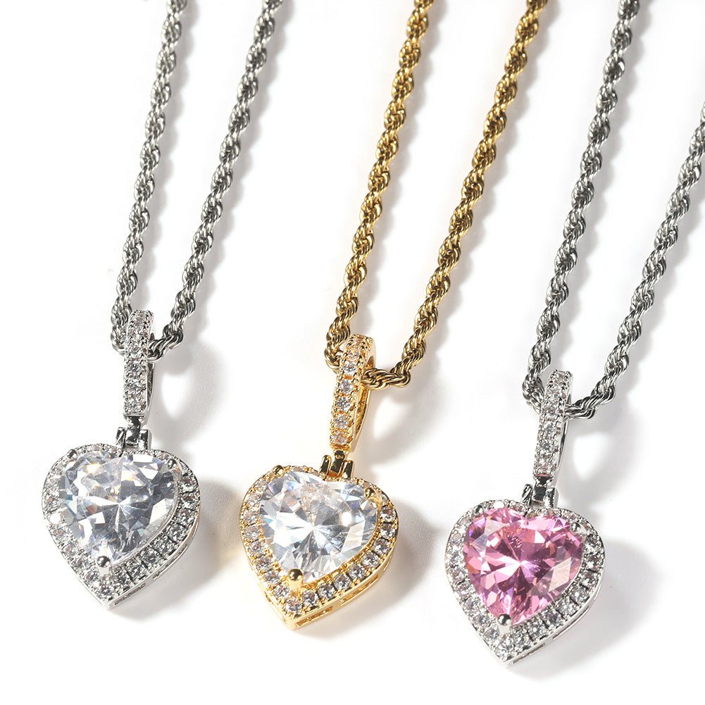 Heart Shape Cubic Zirconia Pendant Necklace for Women – Silver Plated & Rose Gold Tone Hip Hop Statement Chain, 24 Inch Twist Necklace