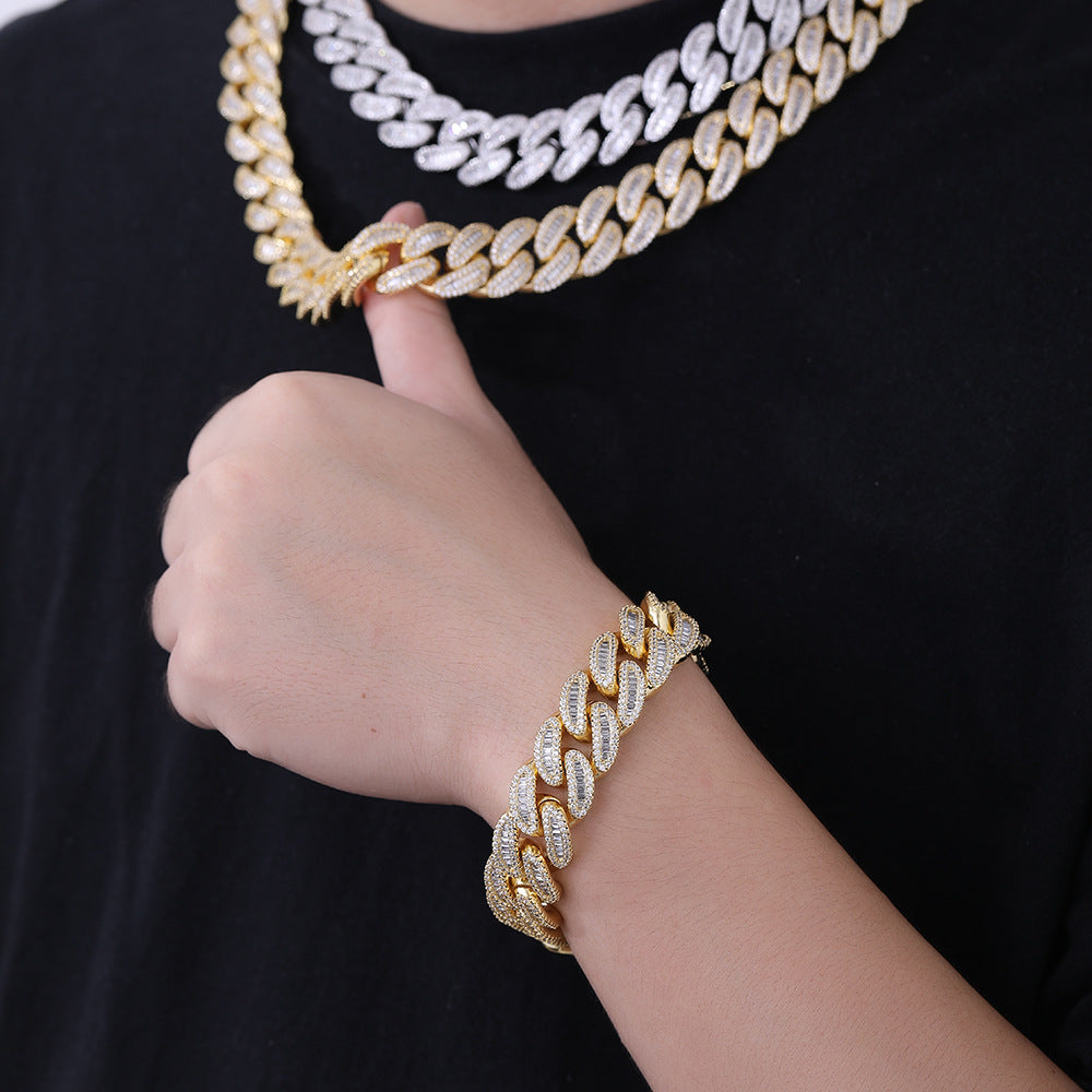 18mm Iced Out Cuban Link Chain Necklace & Bracelet, Geometric CZ Jewelry