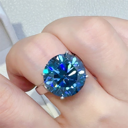 Blue Moissanite Ring for Women, Round Cut Four-Prong Solitaire Ring, 1 to 10 Carat Sizes 9-20