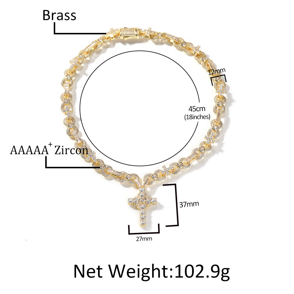 Men’s Iced Cross Pendant Necklace with Cubic Zirconia Chain, Gold Plated or Silver Plated Statement Hip Hop Necklace