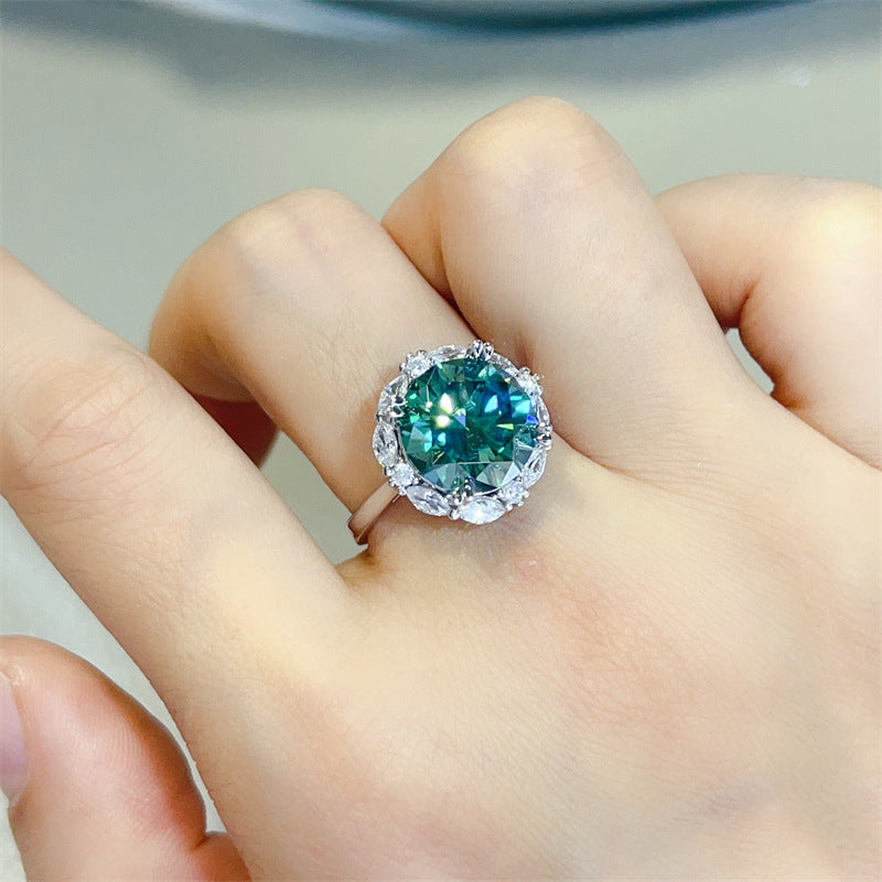 Green Moissanite Halo Ring for Women, Round Center Stone with Marquise Side Accent Design product image