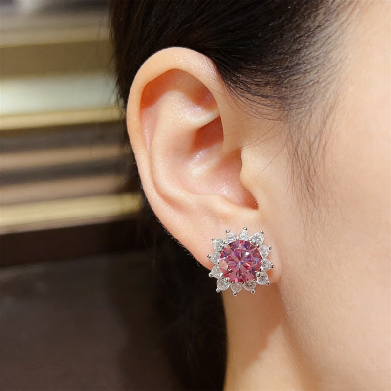 Pink Round Moissanite Stud Earrings with Halo Accent for Women product image