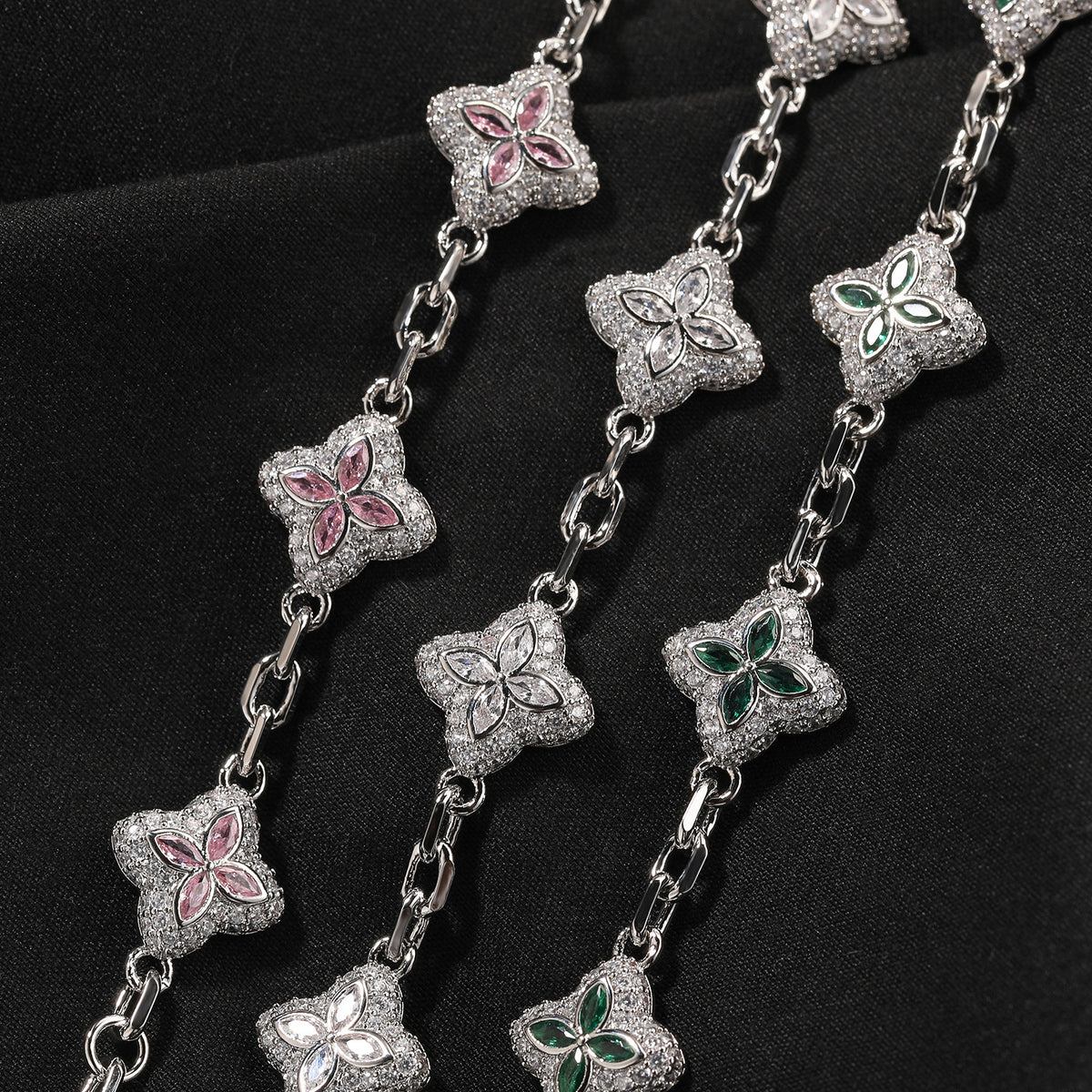 Silver Tone Four Leaf Clover Bracelet Necklace Set with Cubic Zirconia, Adjustable Unisex Statement Chain Jewelry product image