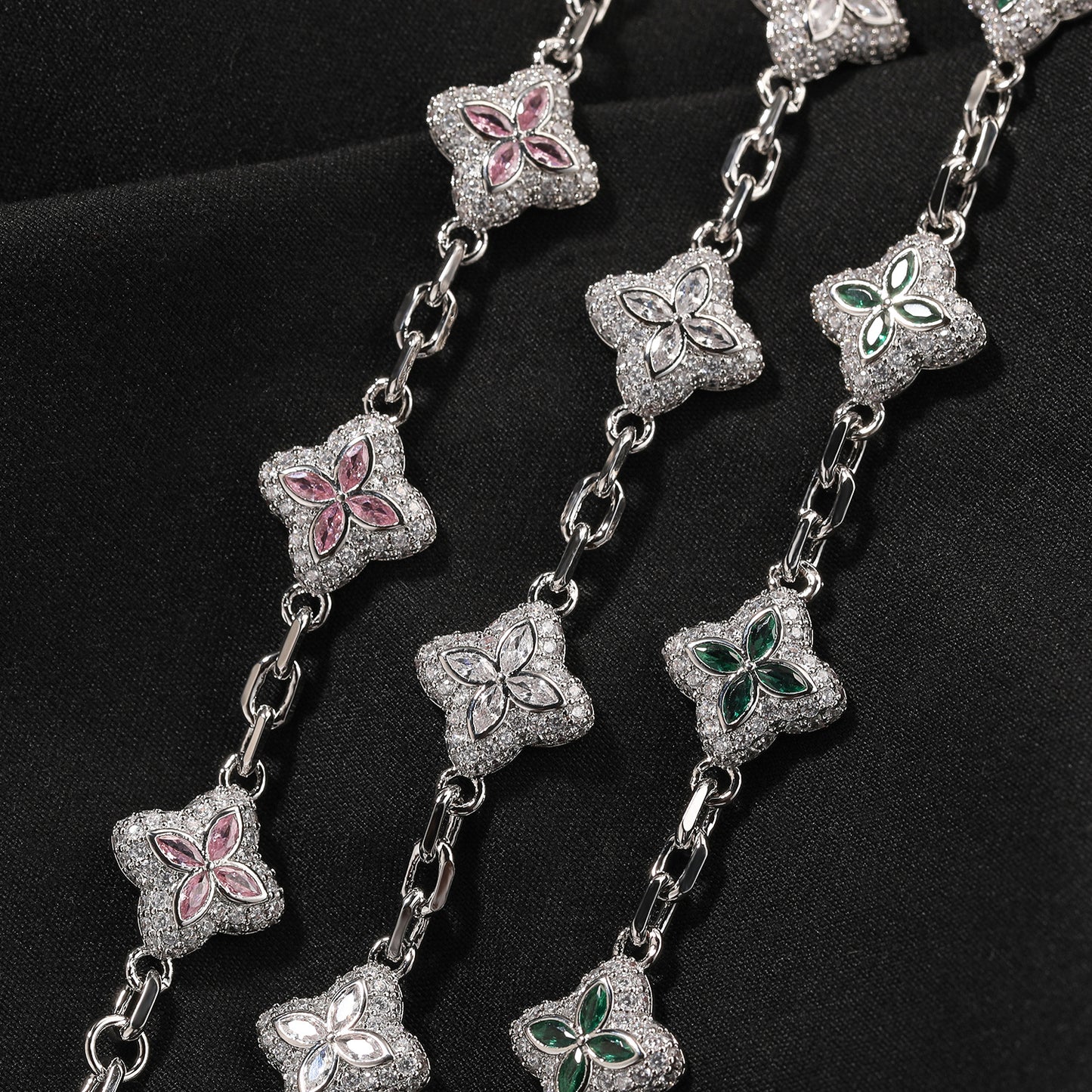 Silver Tone Four Leaf Clover Bracelet Necklace Set with Cubic Zirconia, Adjustable Unisex Statement Chain Jewelry