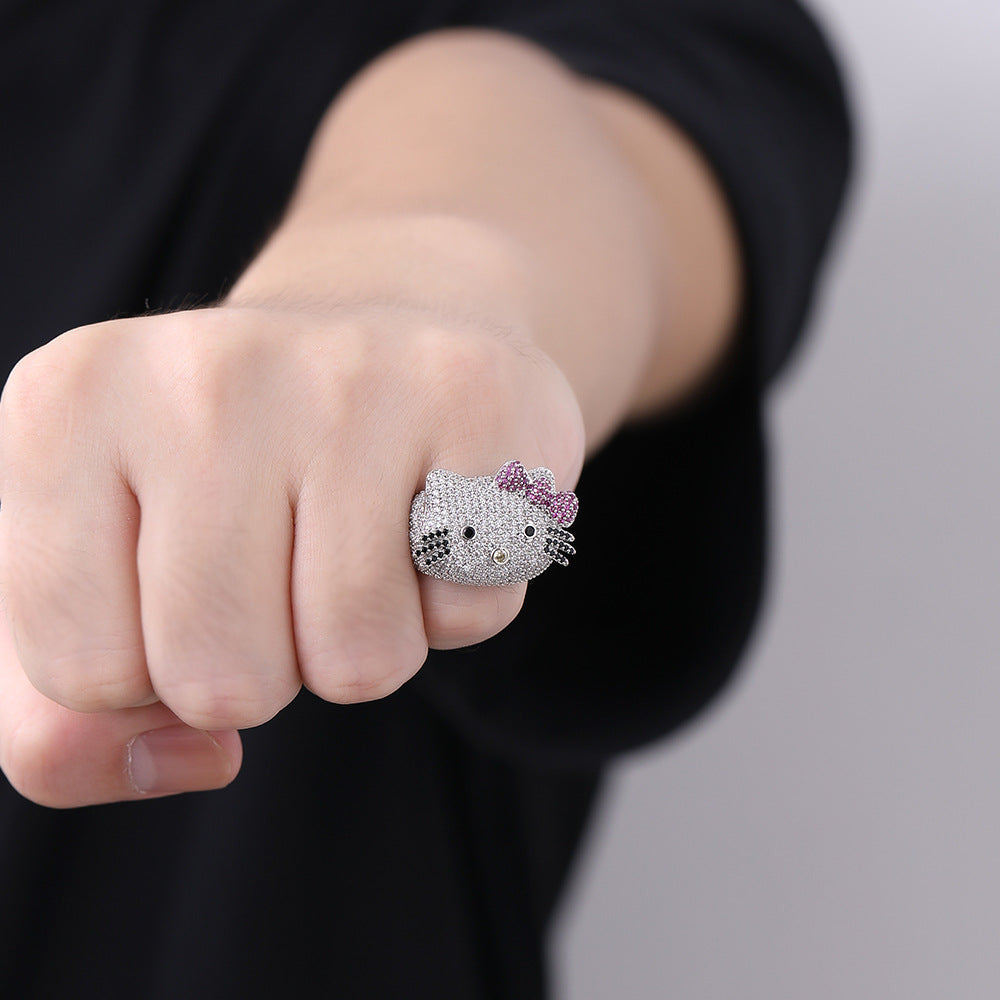 Cute Cat Face Rhinestone Ring, Animal Bow Ring, White or Gold, Sizes 6-9
