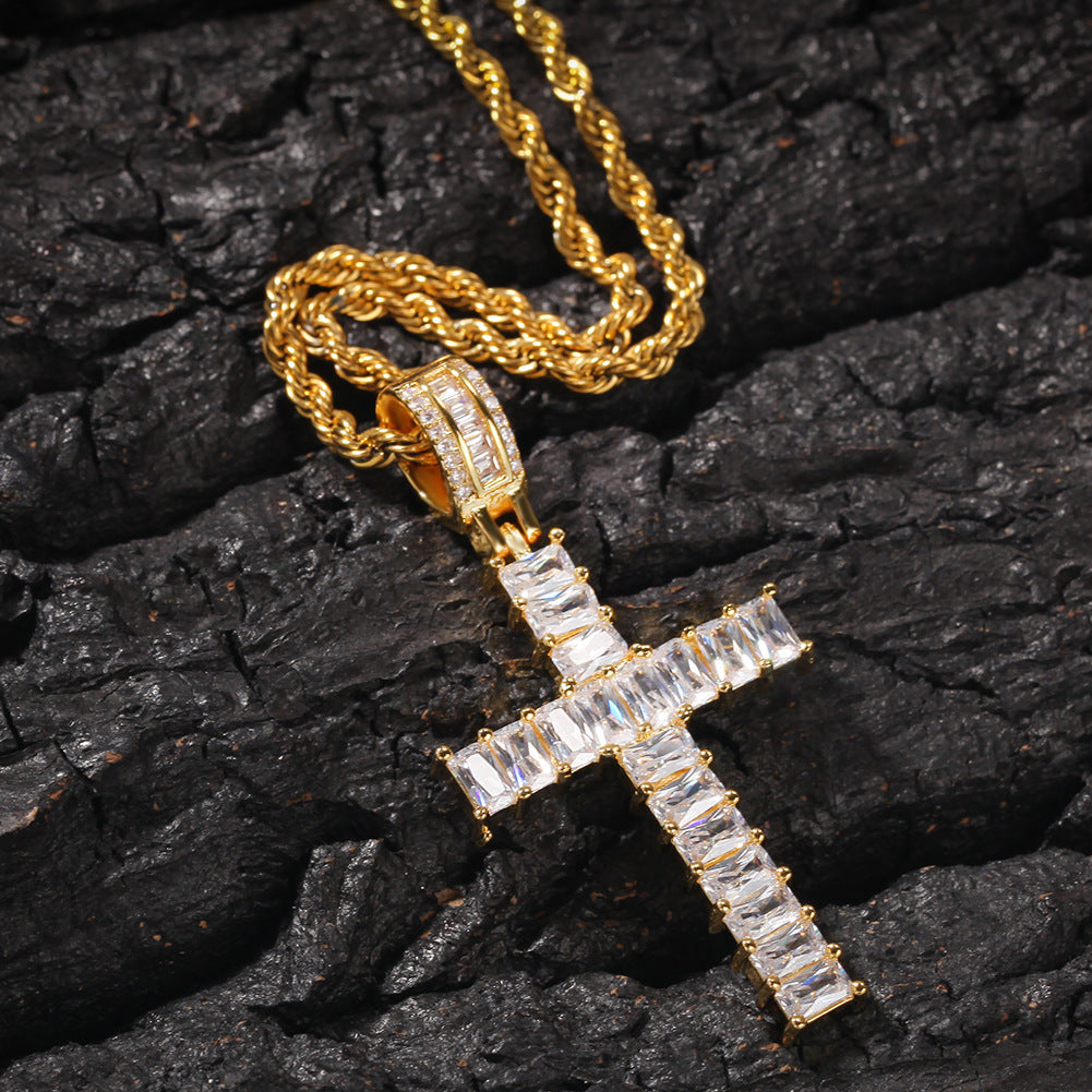 Iced Out Cross Pendant Necklace with Rectangular Cubic Zirconia, Gold or Silver Tone, 24 Inch Stainless Steel Rope or Cuban Chain