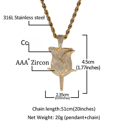 Men’s Iced Rose Pendant Necklace with Cubic Zirconia Twisted Chain, Gold Plated or Silver Plated Statement Jewelry