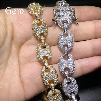 Unisex Iced Oval Link Chain Necklace with Cubic Zirconia, Gold Plated Hip Hop Statement Pendant Chain