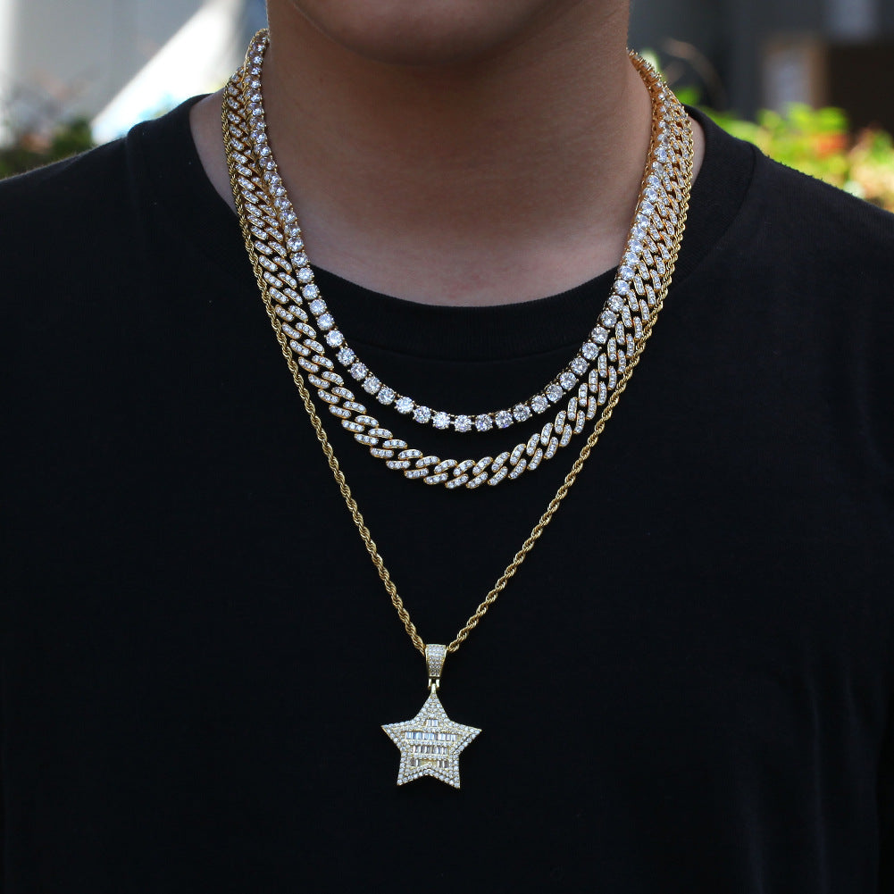 Iced Out Star Pendant Necklace for Women & Men - Cubic Zirconia Hip Hop Chain in Gold or Silver, Twist or Cuban Link
