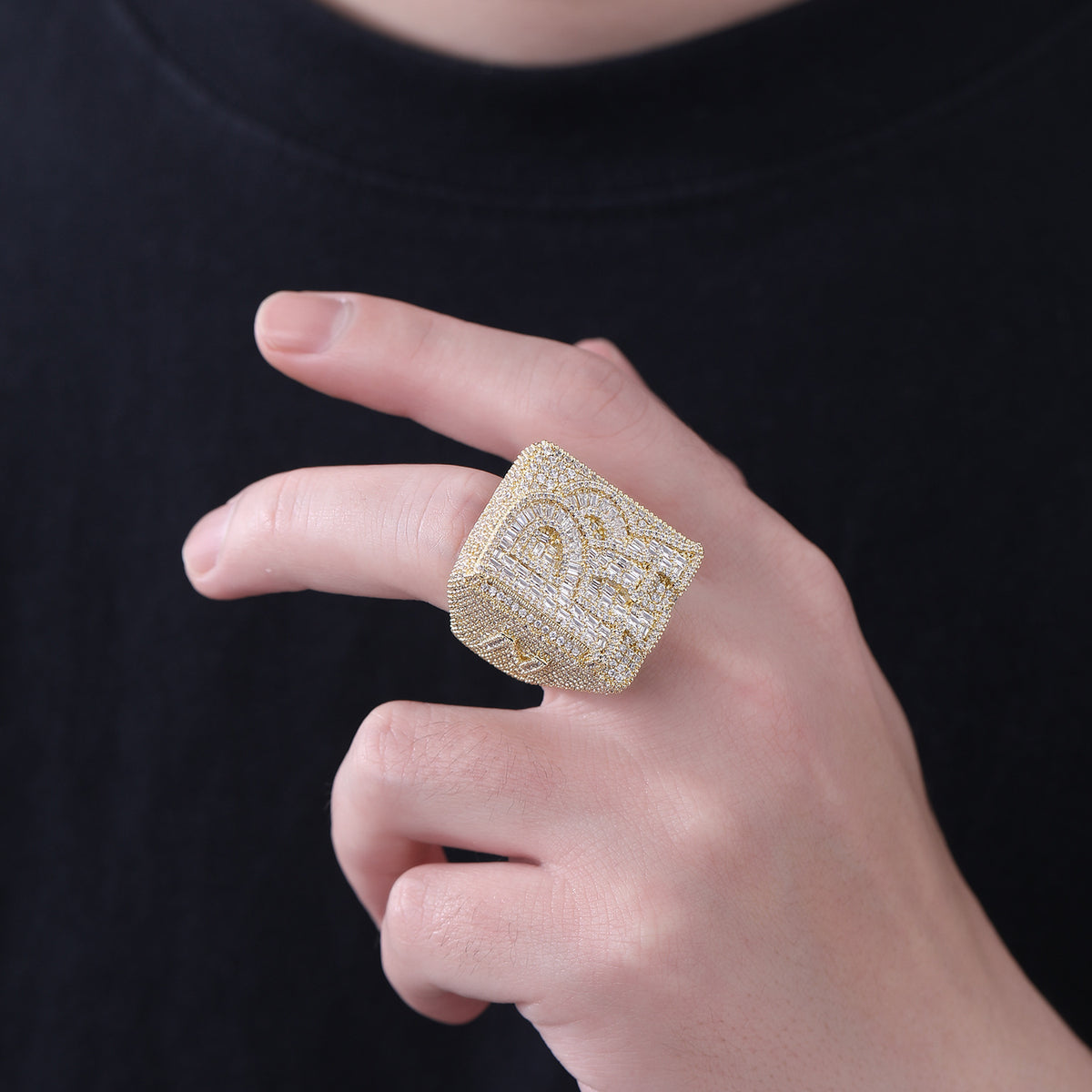Iced Out R Letter Square Ring, Hip Hop Unisex Statement Ring, Gold and White Gold Tone product image