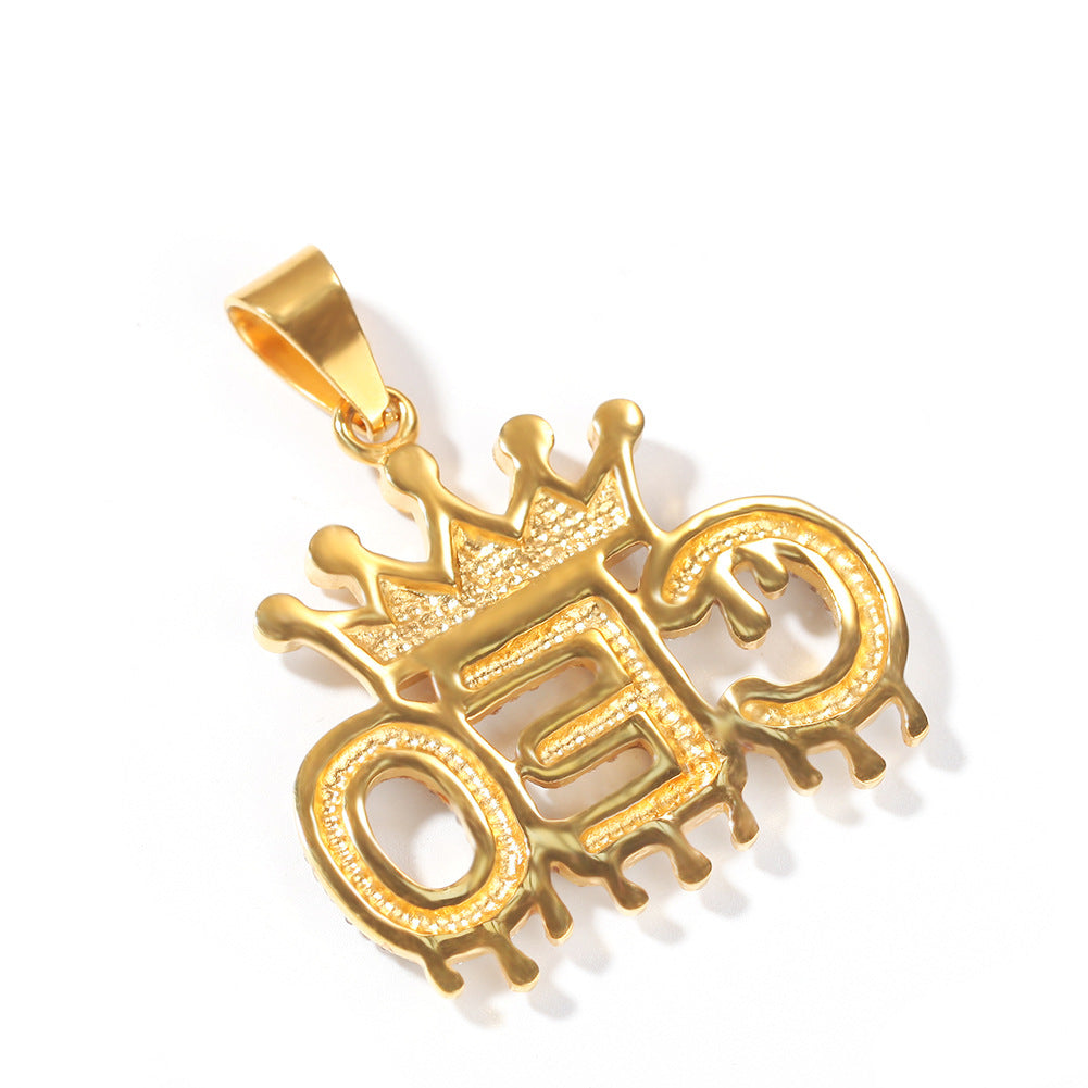 Gold Plated Stainless Steel CEO Letter Crown Pendant Necklace with Cuban or Rope Chain