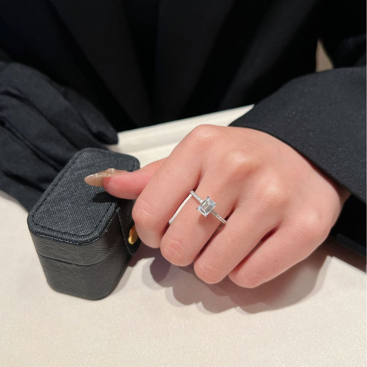 1 Carat Emerald-Cut Moissanite Rings, S925 Silver Pavé Band product image
