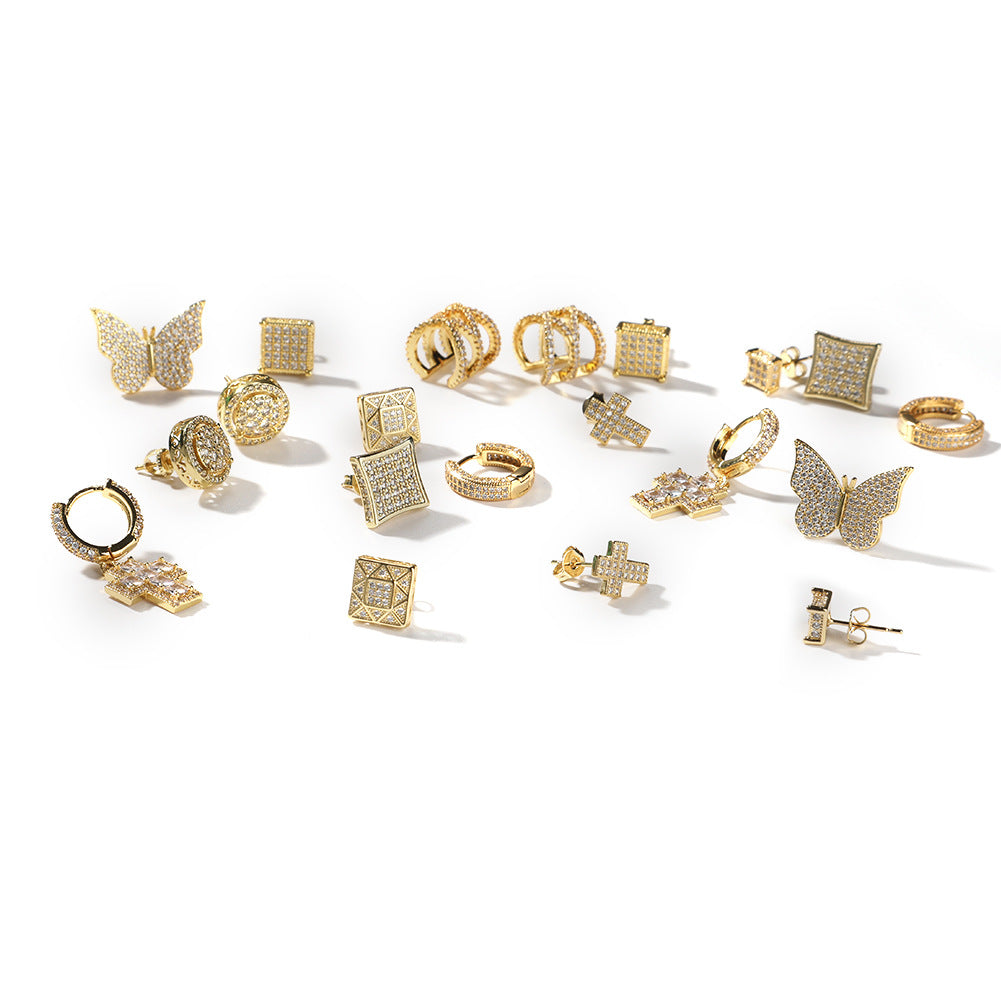 2026 Hip Hop Cubic Zirconia Stud Earrings & Ear Cuffs Set for Women and Men – Square, Cross, Star, Butterfly, Round Hoop Styles in Gold and Silver Tone