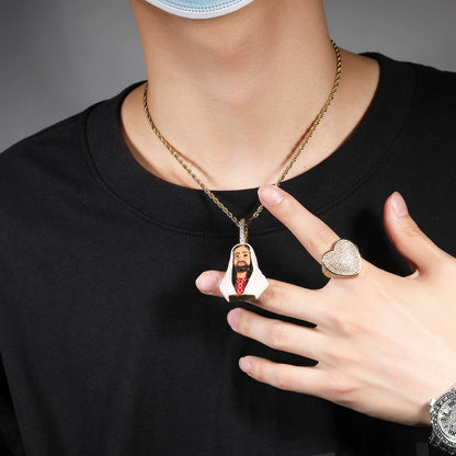 Men’s Hip Hop Enamel Jesus Pendant Necklace with Twisted Stainless Steel Chain, Gold Tone & White