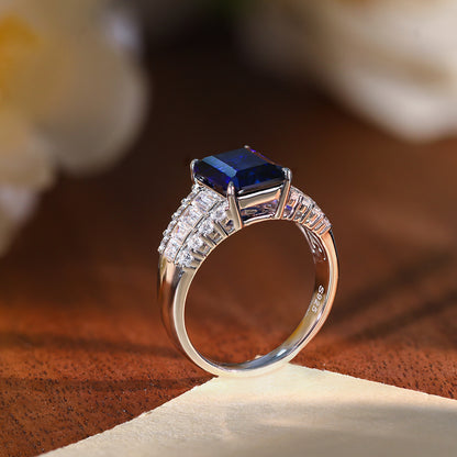 Lab-Grown Sapphire Ring for Women, Emerald Cut 4 Carat S925 Silver