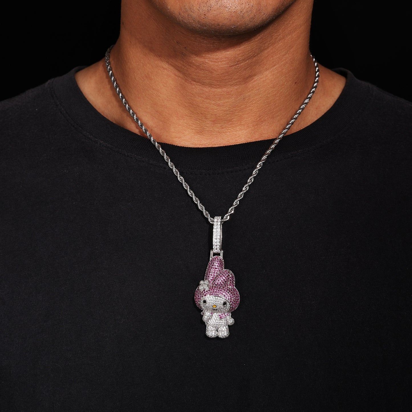 Iced Out Cartoon Character Pendant Necklace in White Tone with Pink Cubic Zirconia product image