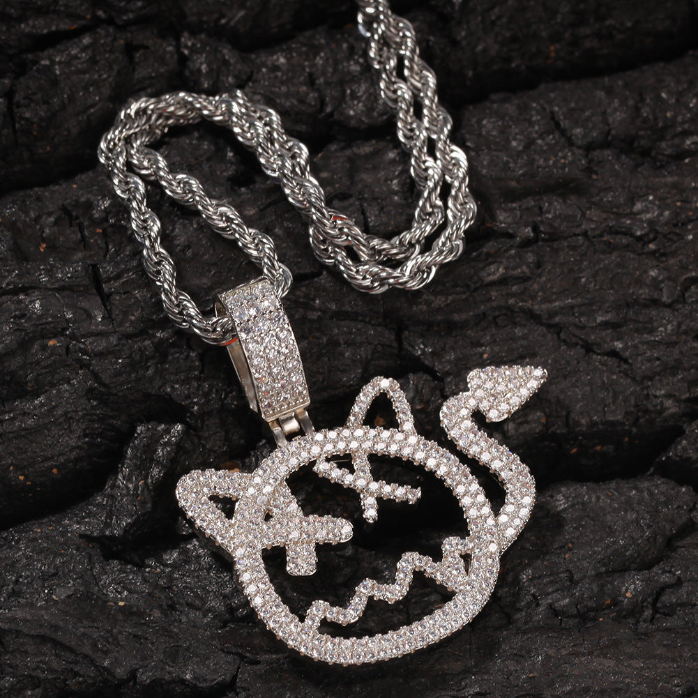 Cartoon Cat Cubic Zirconia Pendant Necklace for Women and Teen Girls – Gold or Silver Tone Hip Hop Statement Chain