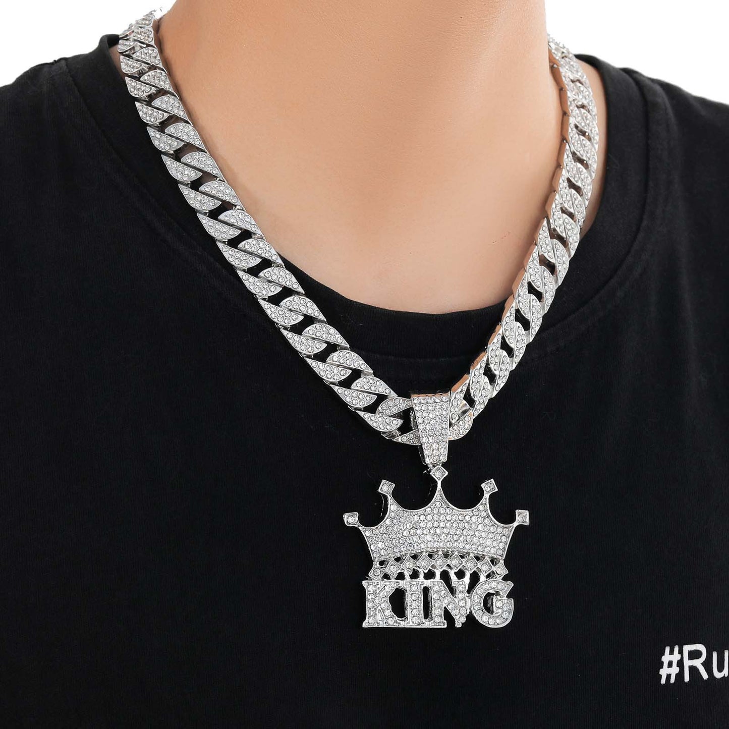 Hip Hop Crown Letter Cuban Link Alloy Pendant Necklace for Men and Women