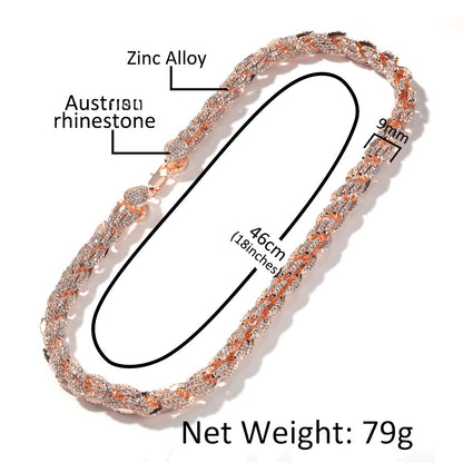 9mm Iced Out Twisted Rope Chain Necklace or Bracelet, Pendant-Compatible