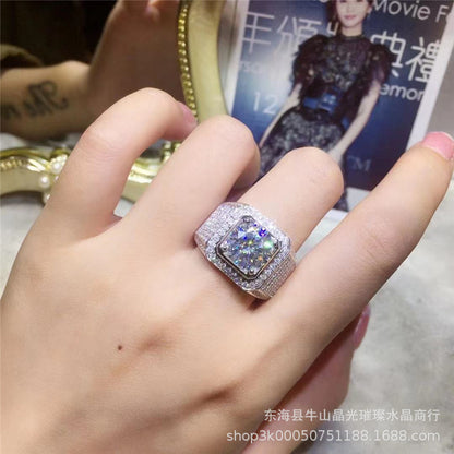 Men’s Moissanite Ring Square Halo Wedding Ring Wide Band Promise Ring
