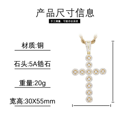 Men's Hip Hop Cross Pendant Necklace, Geometric Zircon Rope Chain