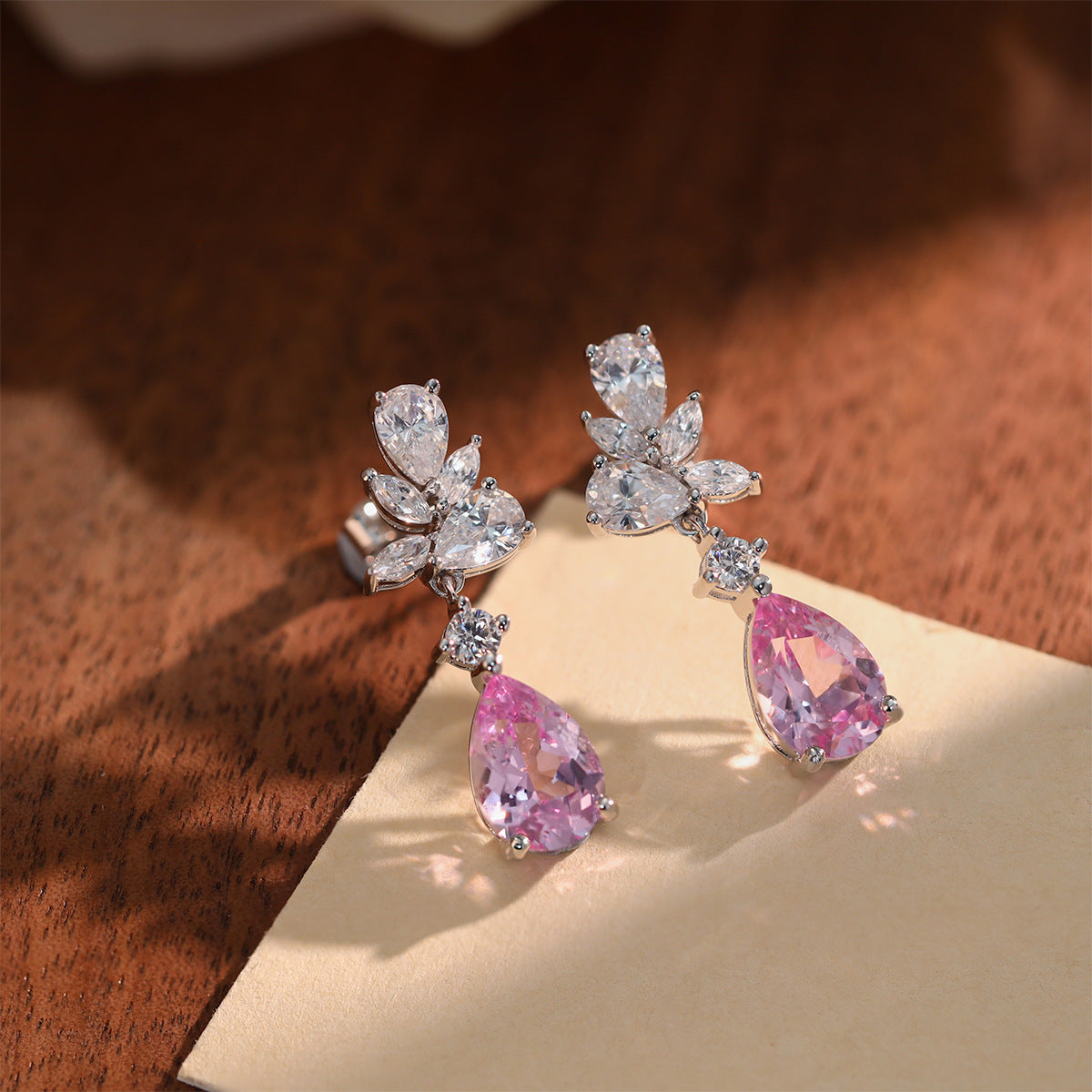 Pink Teardrop Drop Earrings for Women, Floral Crystal Stud Dangle Earrings product image