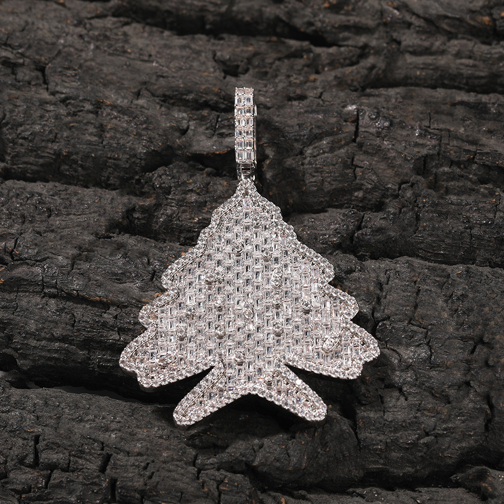 Iced Out Christmas Tree Pendant Necklace for Women – Cubic Zirconia Hip Hop Statement Chain, White Holiday Tree Charm with 24 Inch Twist Chain