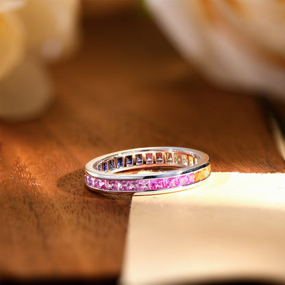 Rainbow Gradient Princess Cut Lab-Created Sapphire Eternity Ring, 2mm, S925 Sterling Silver, 18K Gold Plated