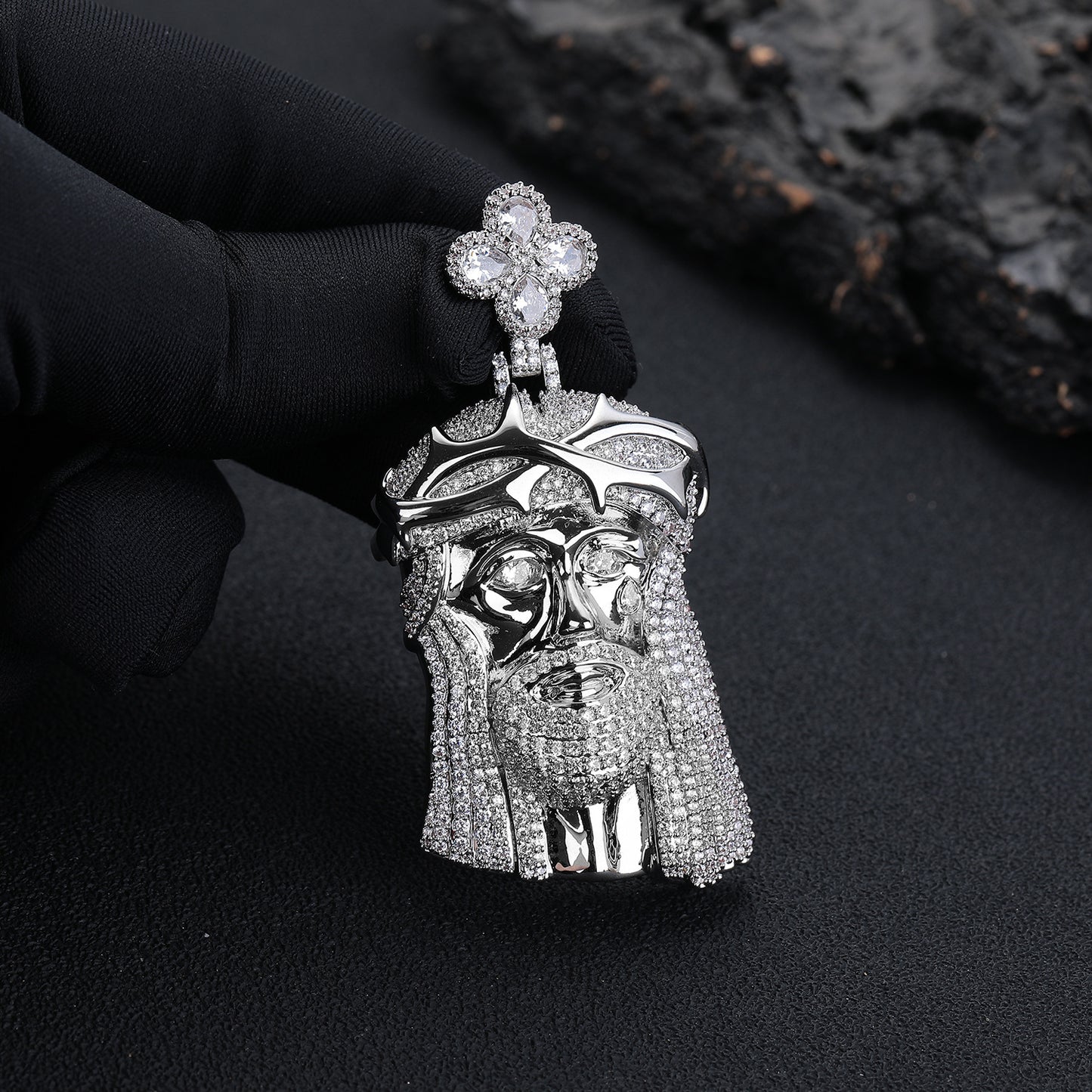 Rhinestone Face Pendant Necklace, Hip Hop Rope Chain Jewelry