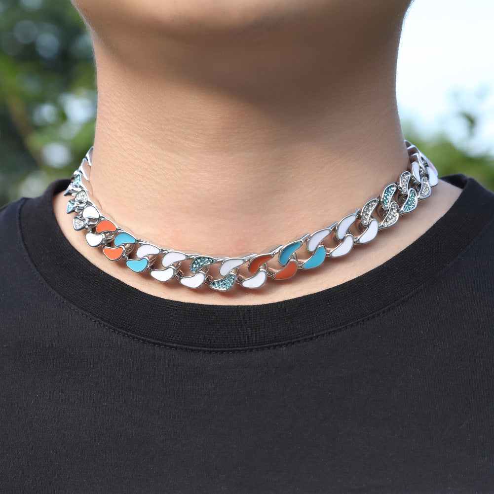 Unisex Hip Hop Enamel Cuban Link Chain Necklace Bracelet Set in Black or Silver