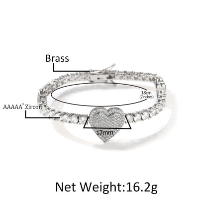 Heart Tennis Chain Bracelet for Women & Men – Gold, Silver & Rose Gold Cubic Zirconia Statement Bracelet