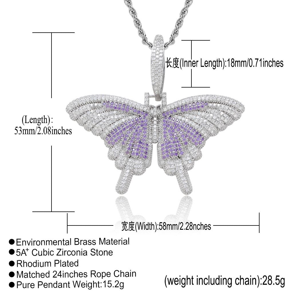 Hip Hop Light Luxury Butterfly Cubic Zirconia Pendant Necklace for Men and Women