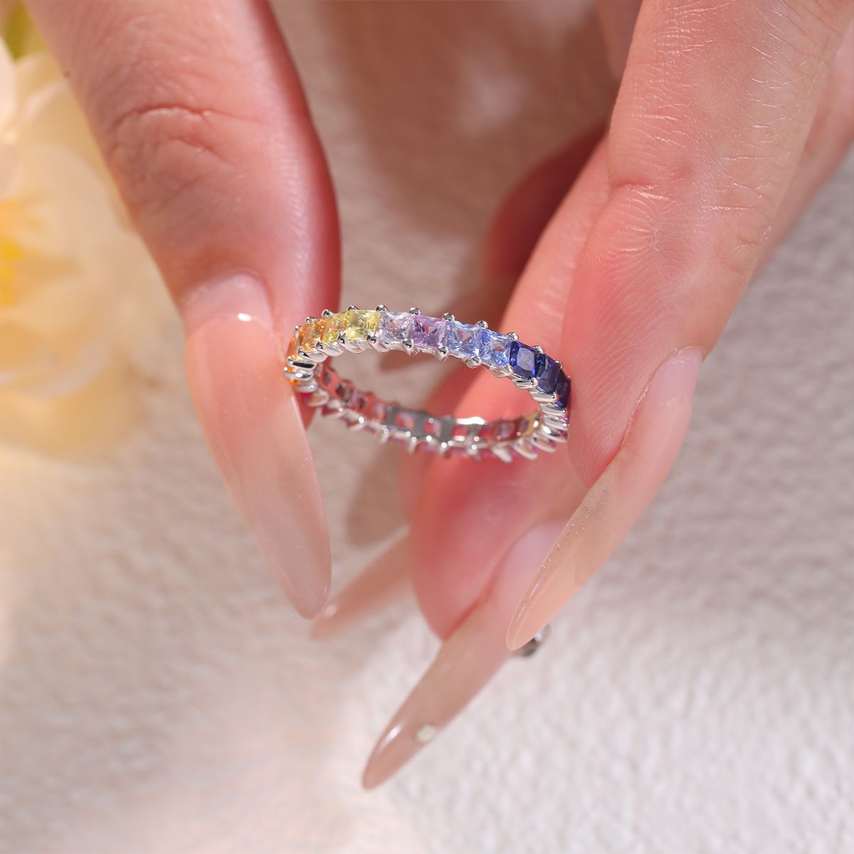 Rainbow Eternity Ring, Princess Cut Full Circle Band, 925 Sterling Silver 18K Gold Plated product image