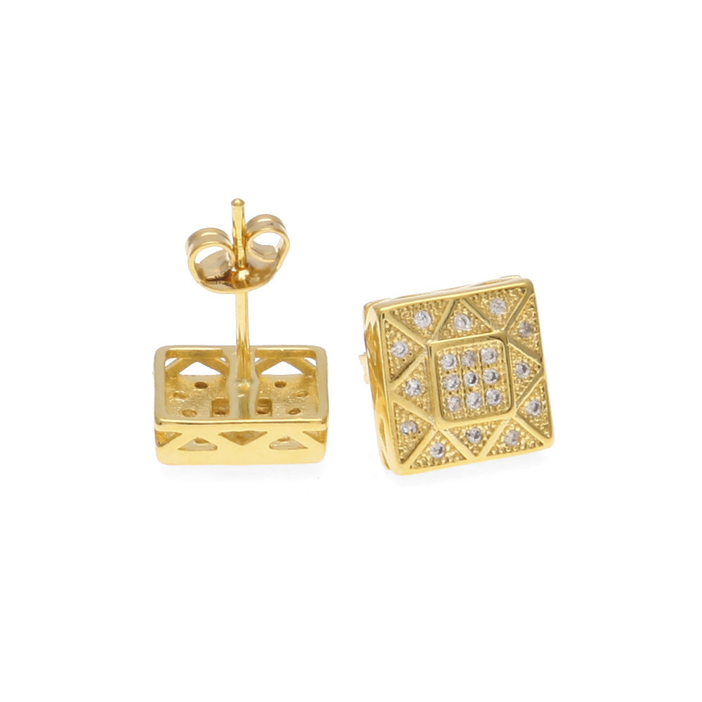 Men’s Square Stud Earrings in Gold & Silver Tone with Crystal Detail – Geometric Statement Earrings