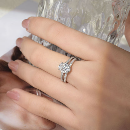 Oval Moissanite Double Band Engagement Ring, 2 Carat S925 Sterling Silver with 18K Gold Plating