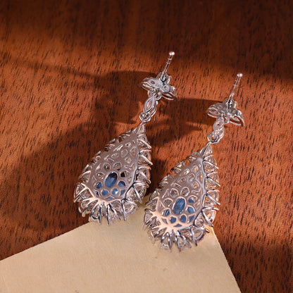 Blue Teardrop Drop Earrings, 925 Silver Crystal Halo Dangle Earrings