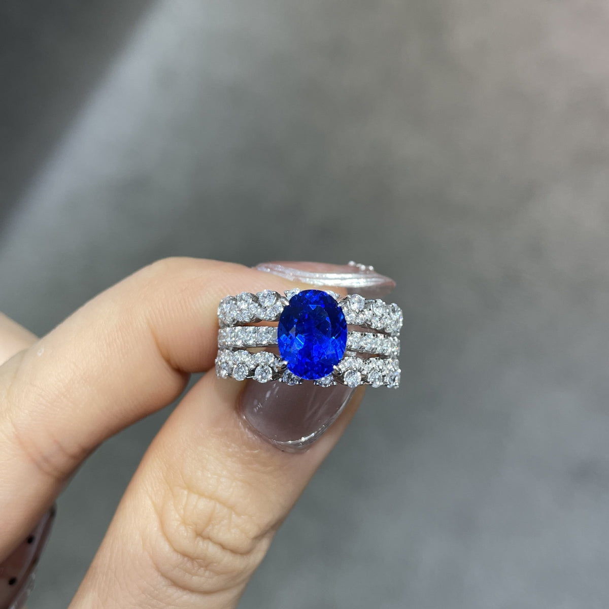 Lab-Grown Blue Spinel Oval Ring, S925 Silver with 18k Gold Plating, Sparkling Pavé Accent Ring product image