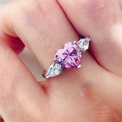 Pink Heart Moissanite Ring for Women, Three-Stone Engagement Ring, Promise Ring Gift