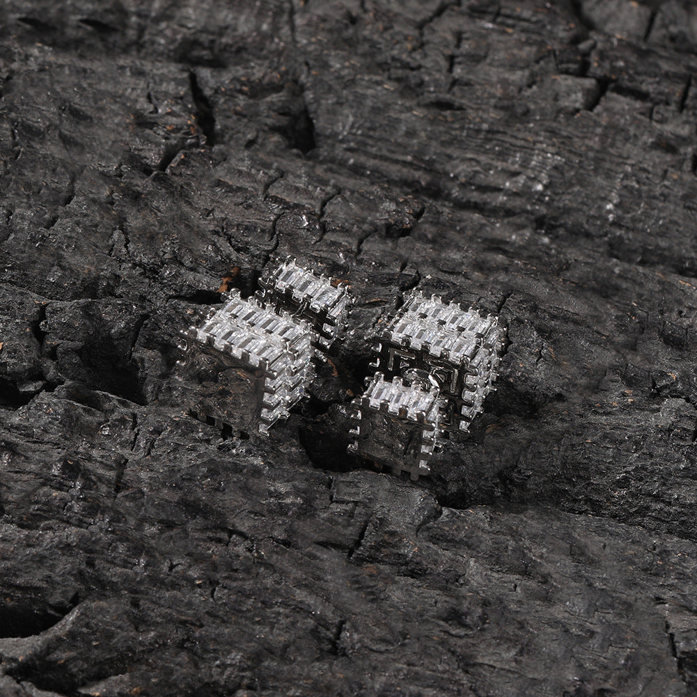 Unisex Square Cubic Zirconia Stud Earrings in Gold or Silver Tone Hip Hop Statement Jewelry