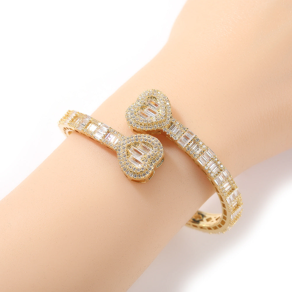 Oval Cubic Zirconia Open Bangle Bracelet for Women – Elegant Gold, Silver & Rose Gold Plated Copper Bracelet