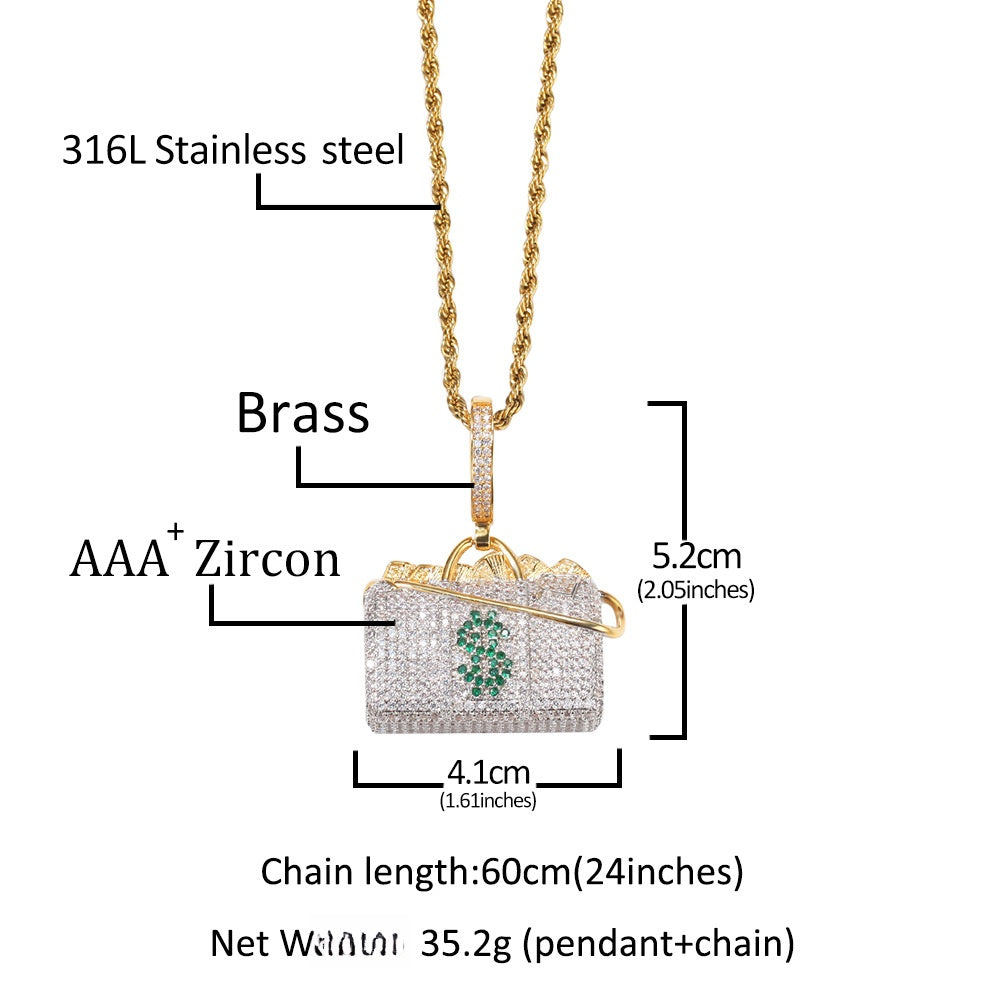 Luxury Handbag Pendant Necklace for Women with Cubic Zirconia, 24 Inch Twist Chain, Gold Plated or Silver Plated Statement Jewelry