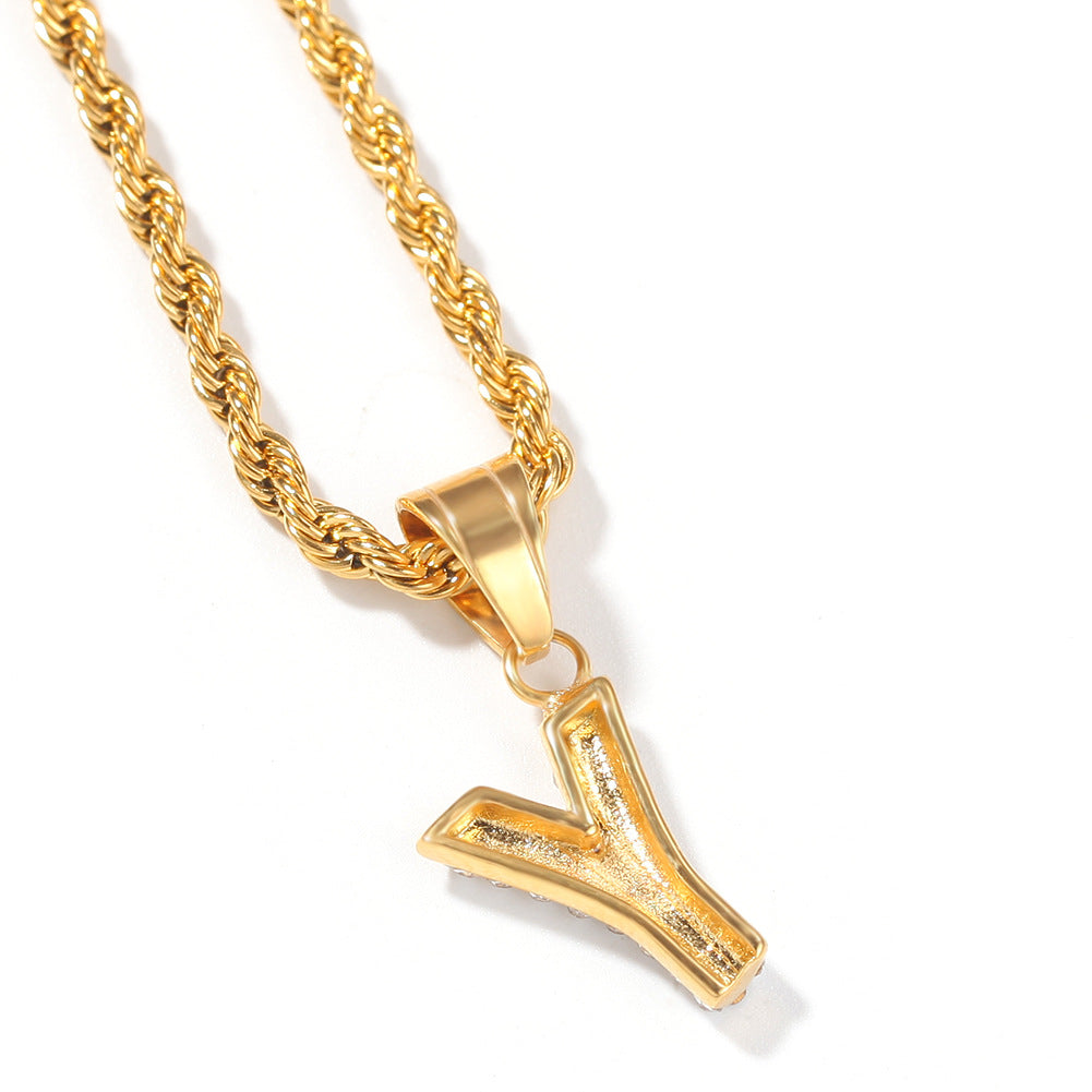 Iced Initial Letter Pendant Necklace for Men in Stainless Steel with Rhinestones, 24-Inch Twist Chain, Gold and Silver Tone A-Z