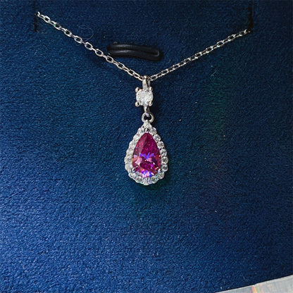 Teardrop Halo Pendant Necklace with Chain, Pink or Green Stone Drop Necklace for Women